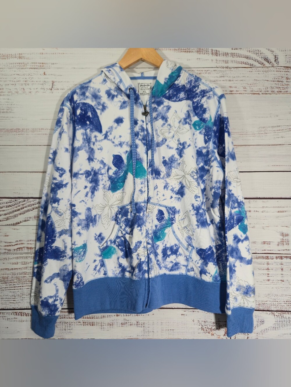 Three Hearts Blue Butterfly Hoodie XL Y2K Coquette Soft Women6 Kawaii Zip Up